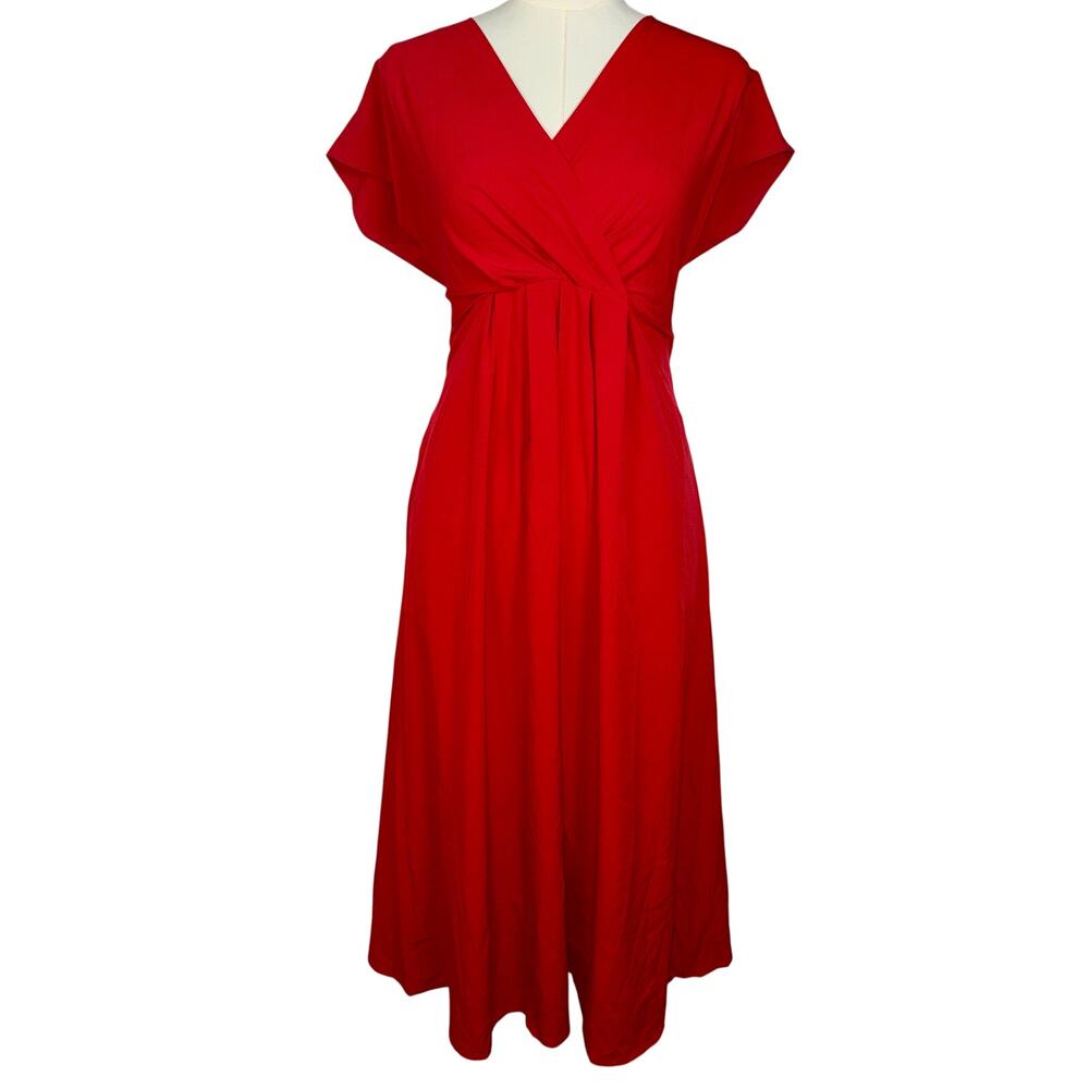 NEW Halara Red Ruched V-Neck Tie Waist Casual Wrap Midi Dress Womens Size S NWOT